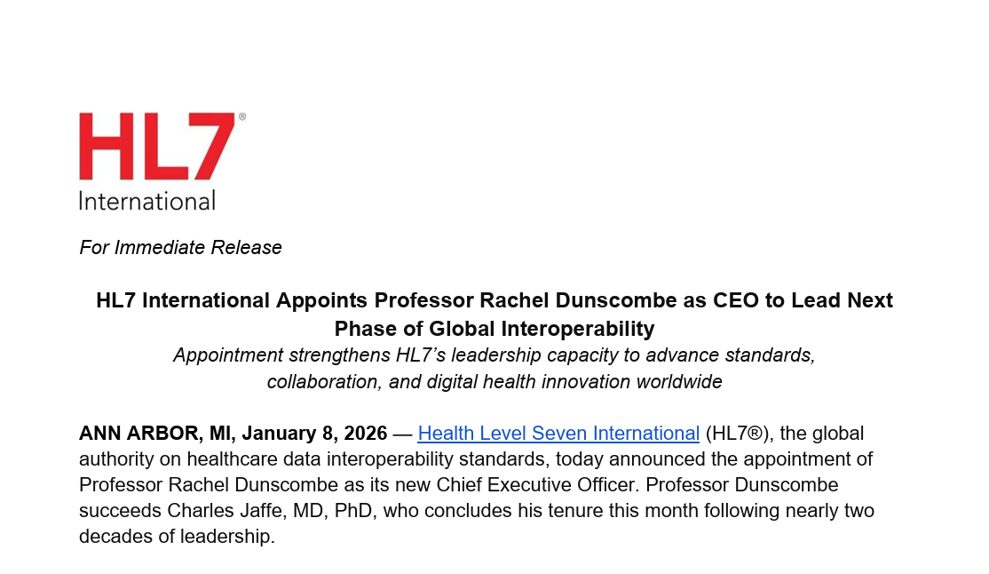 HL7 International Appoints Professor Rachel Dunscombe as CEO to Lead Next Phase of Global Interoperability